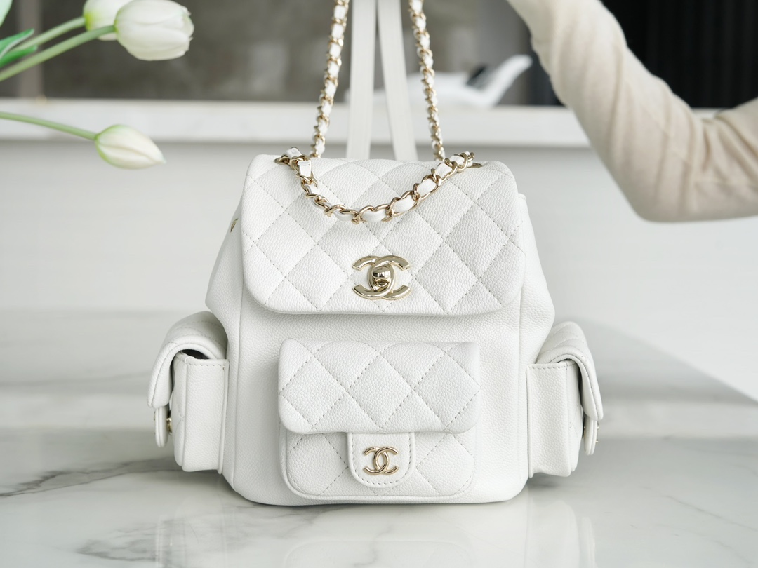 CHANEL 23K Duma Backpack Small White Caviar Calfskin  