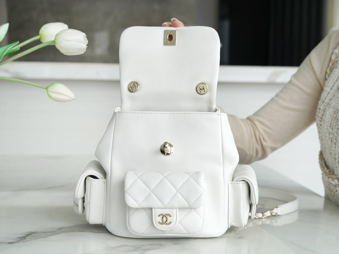 CHANEL 23K Duma Backpack Small White Caviar Calfskin  