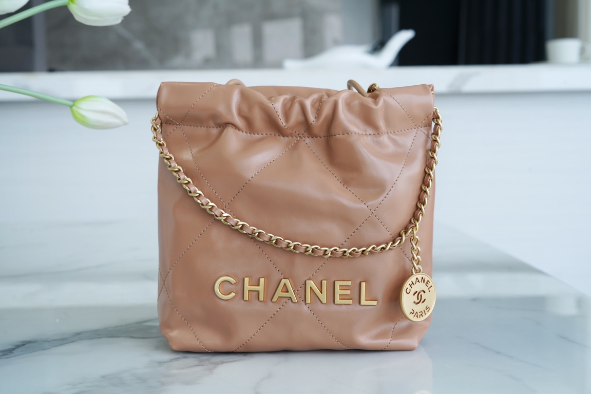 CHANEL 23S Spring/Summer New 22 Mini Bag Caramel Milk Tea Calfskin  