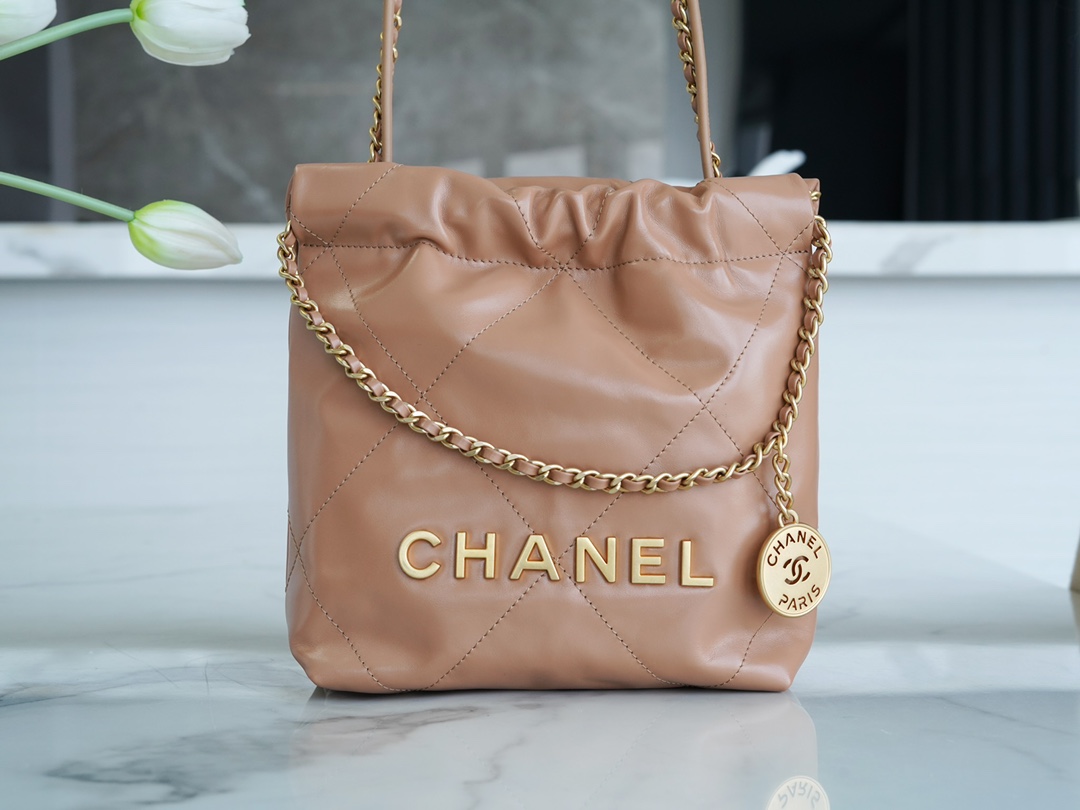 CHANEL 23S Spring/Summer New 22 Mini Bag Caramel Milk Tea Calfskin  