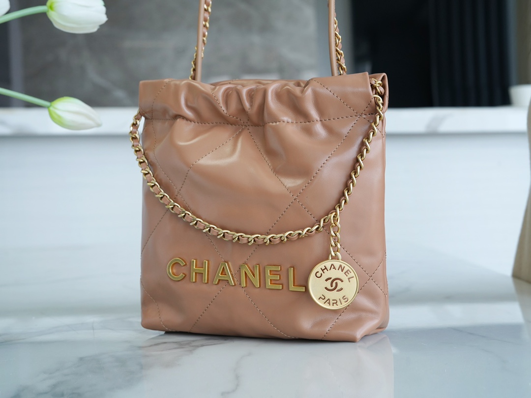 CHANEL 23S Spring/Summer New 22 Mini Bag Caramel Milk Tea Calfskin  