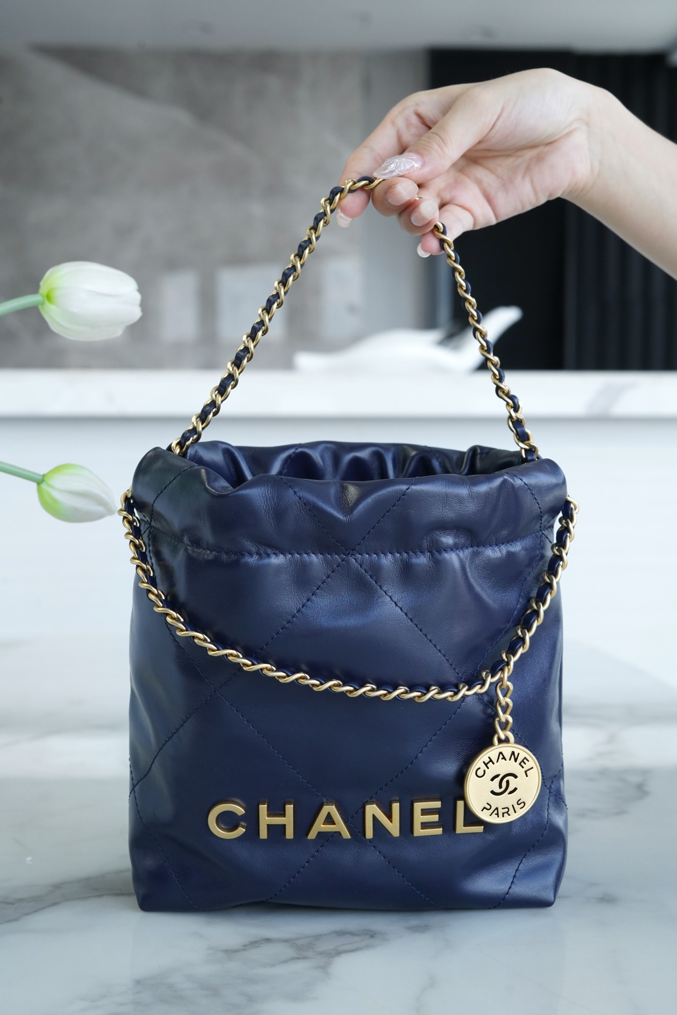 CHANEL 23S Spring/Summer New 22 Mini Bag Navy Blue Calfskin  