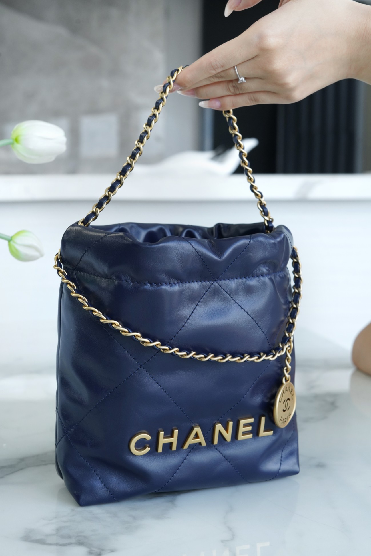 CHANEL 23S Spring/Summer New 22 Mini Bag Navy Blue Calfskin  