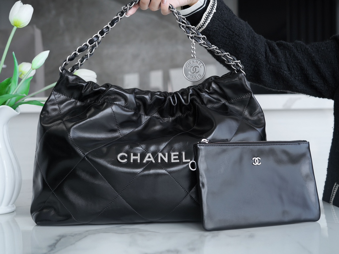 CHANEL 24C Horizontal 22 Bag Black with Silver Hardware  