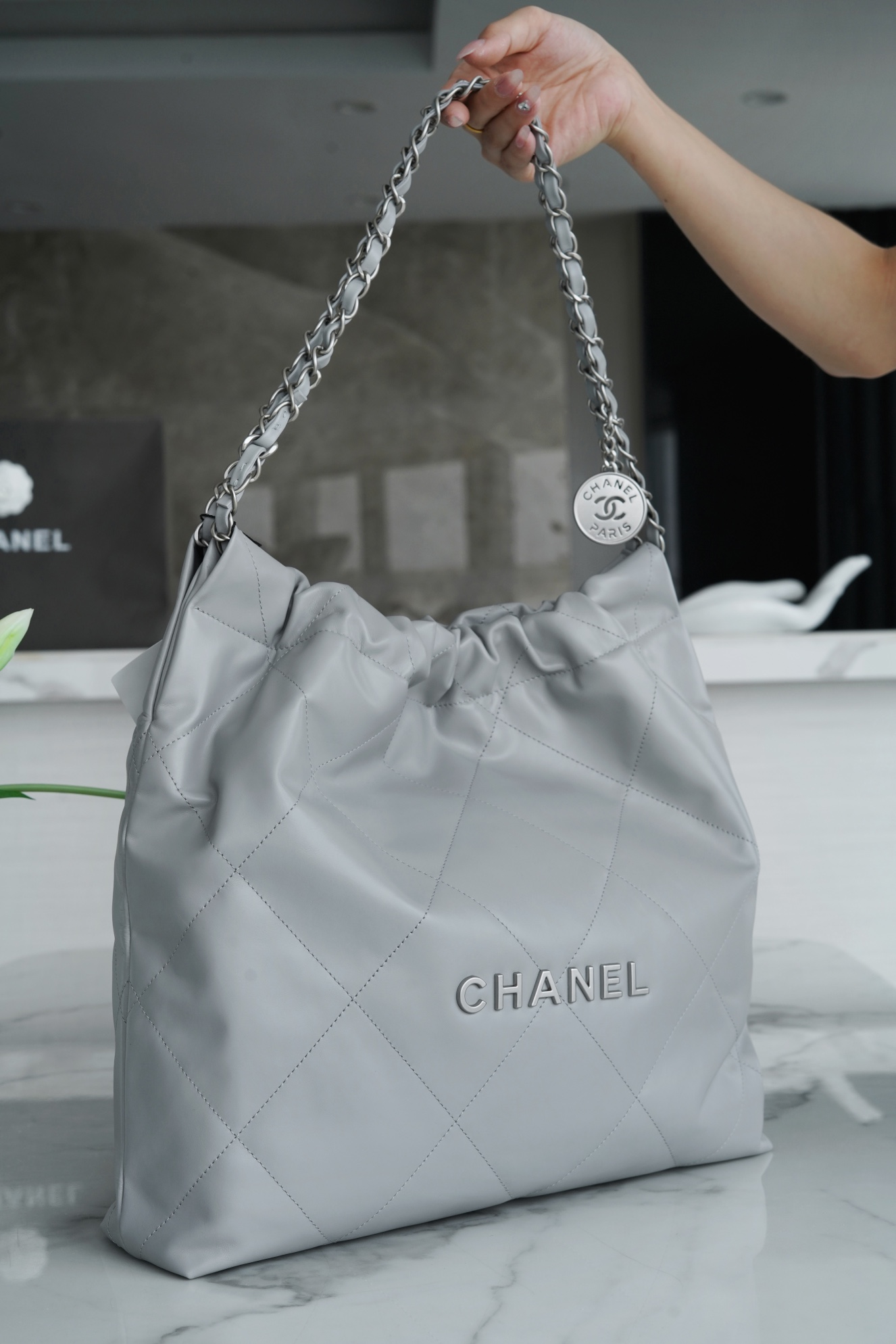 CHANEL 22P Bag Grey with Silver Hardware Medium  