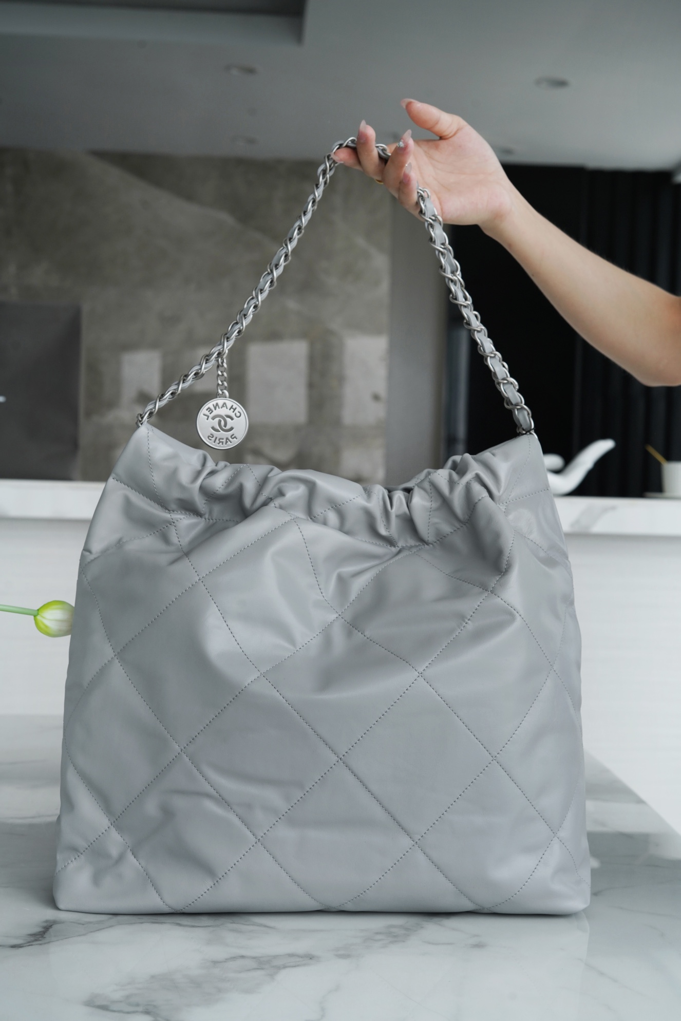 CHANEL 22P Bag Grey with Silver Hardware Medium  