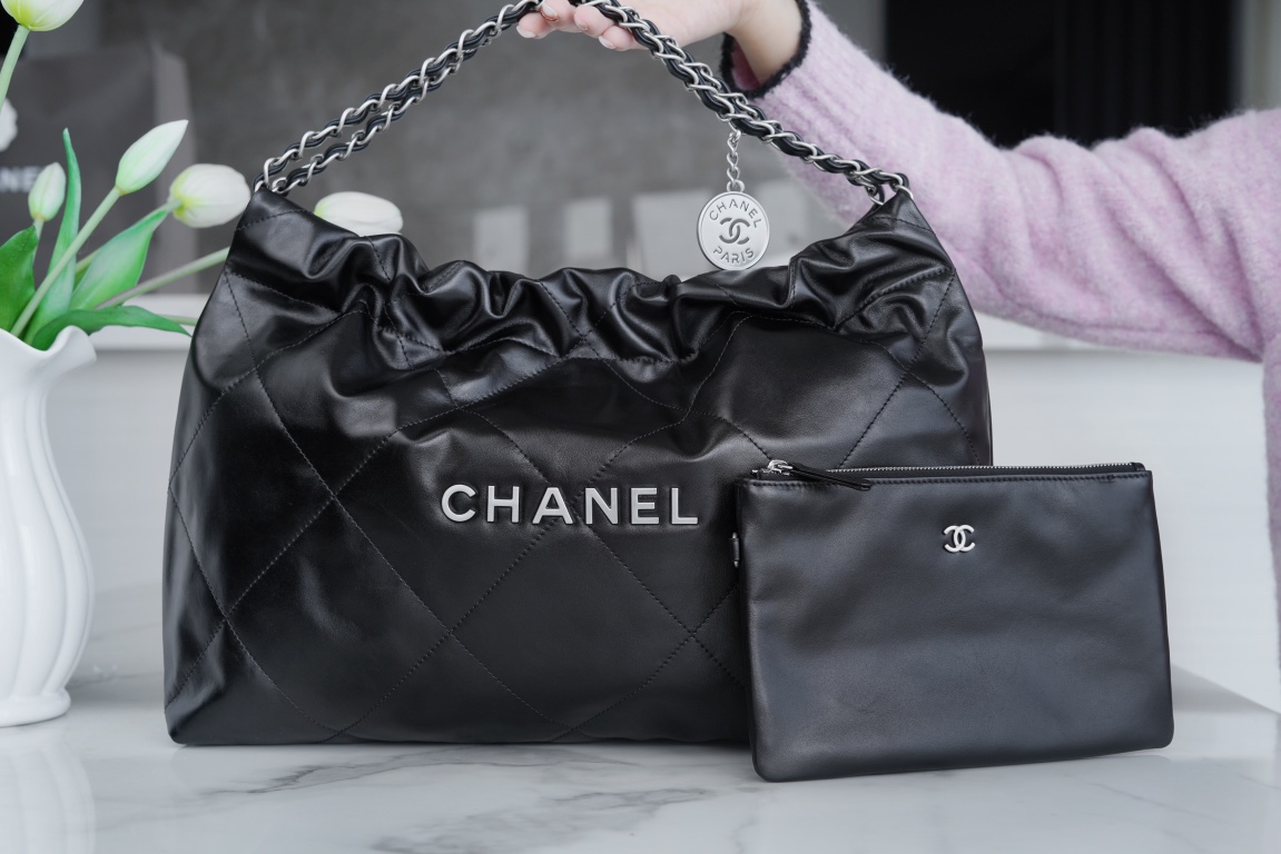 CHANEL 24C Horizontal 22 Bag Black with Silver Hardware  