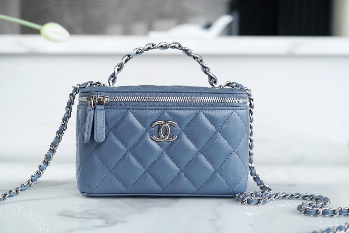 Chanel 23K Rhinestone Handle Long Box Bag, Mist Blue, Calfskin  