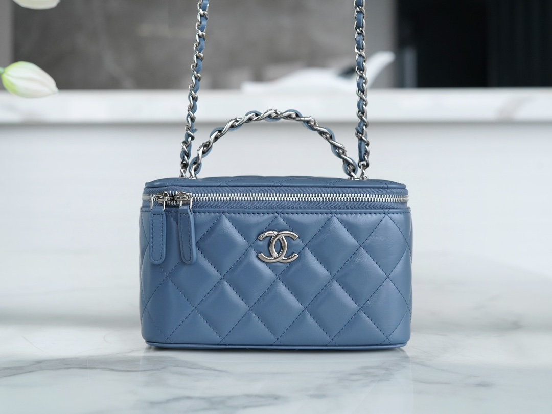 Chanel 23K Rhinestone Handle Long Box Bag, Mist Blue, Calfskin  