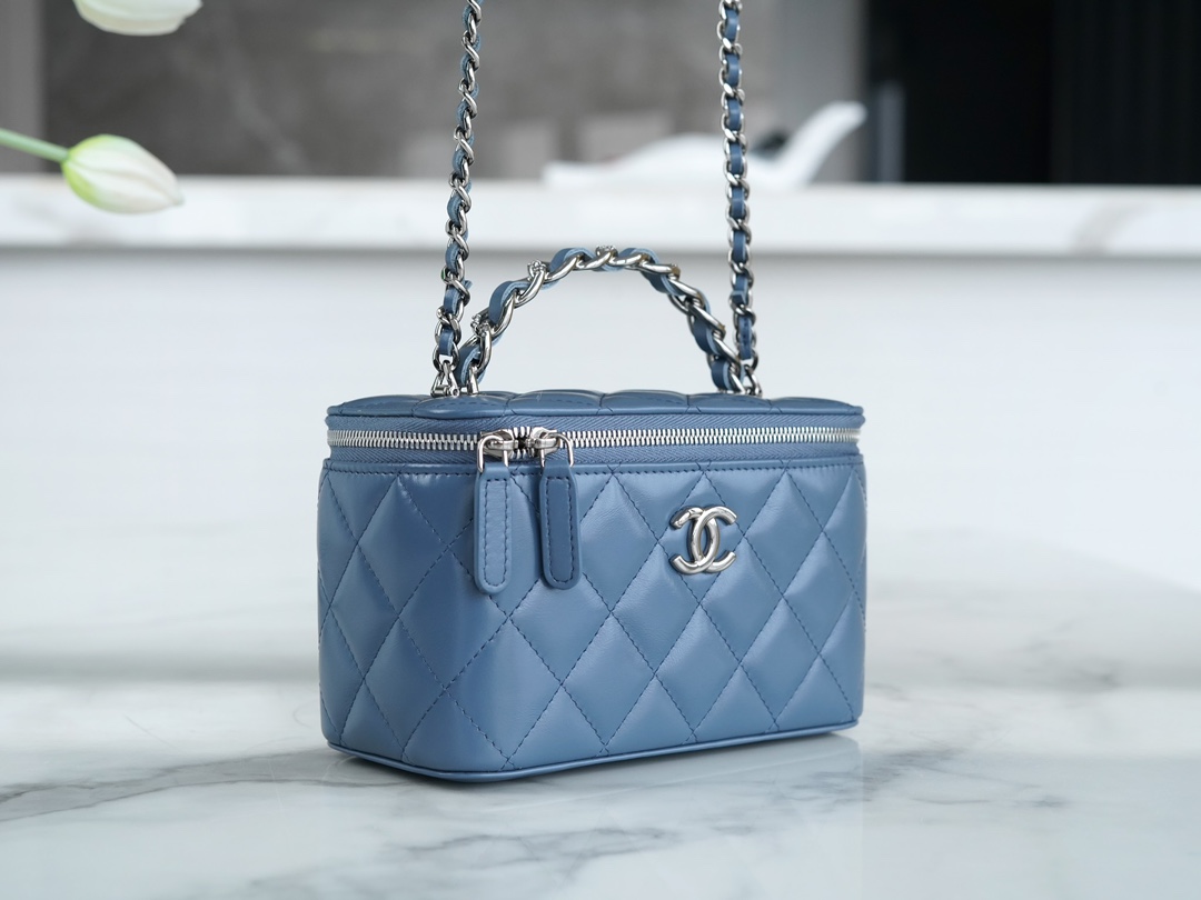 Chanel 23K Rhinestone Handle Long Box Bag, Mist Blue, Calfskin  