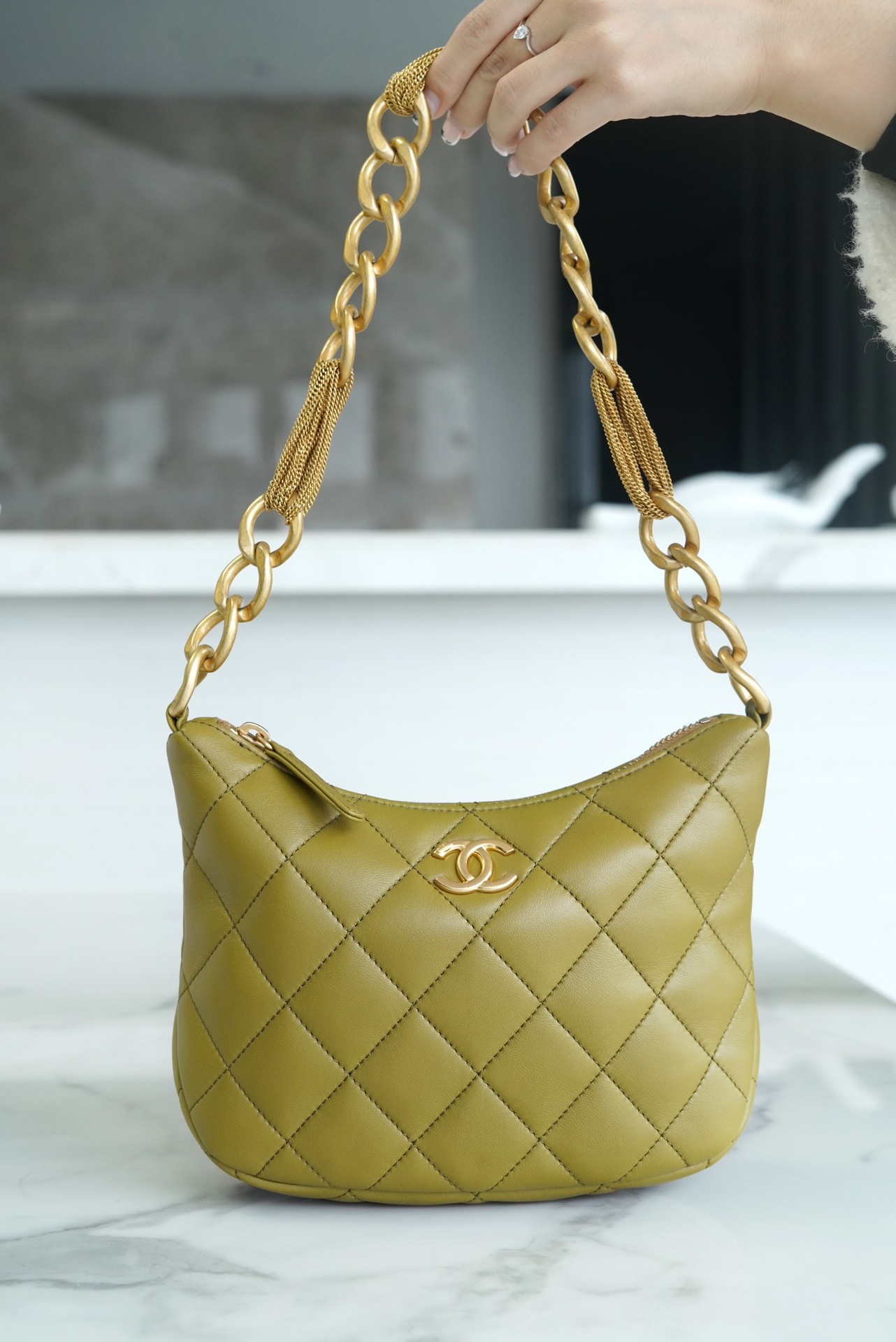 Chanel 23A Hobo Shoulder Bag, Mustard Green  