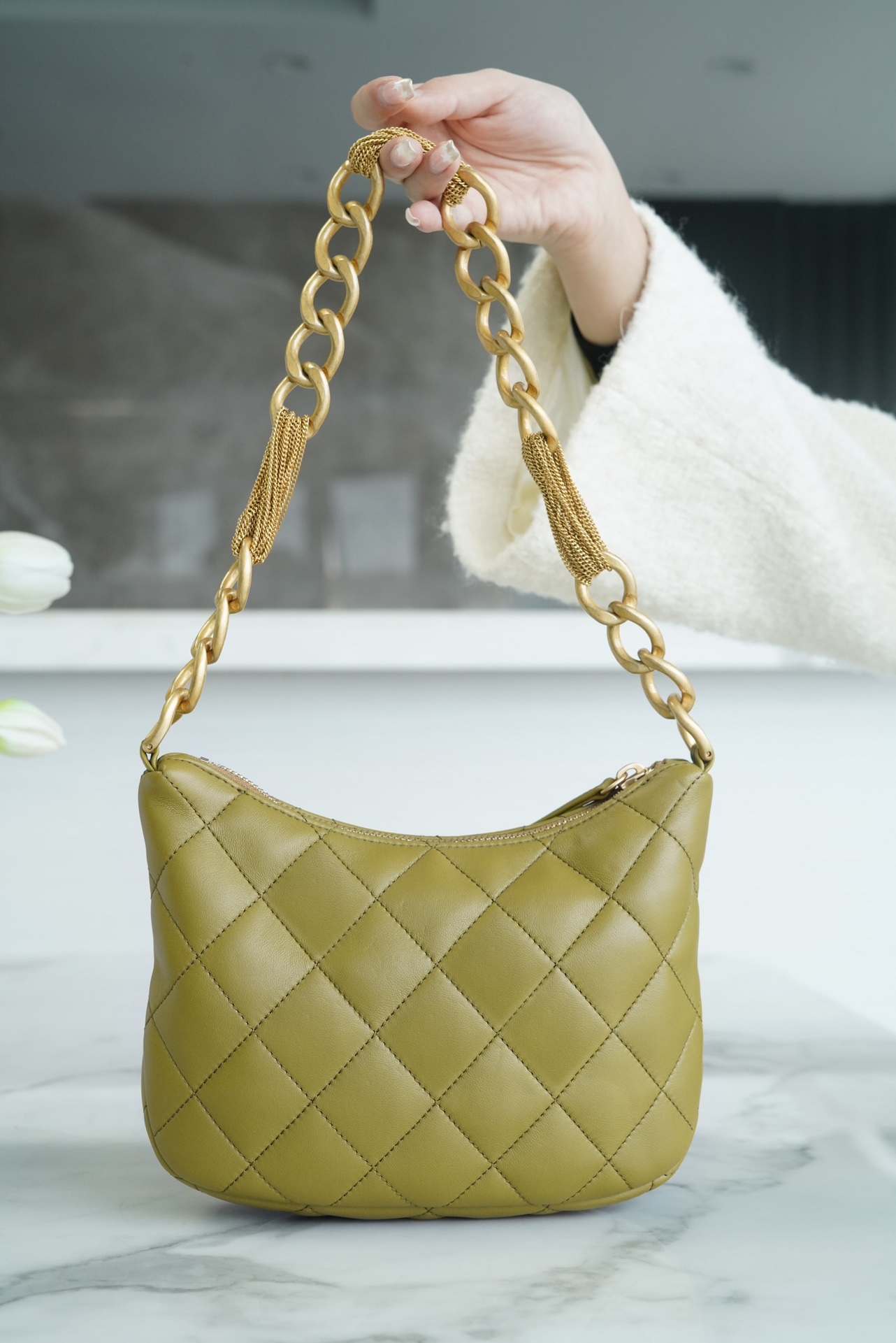 Chanel 23A Hobo Shoulder Bag, Mustard Green  