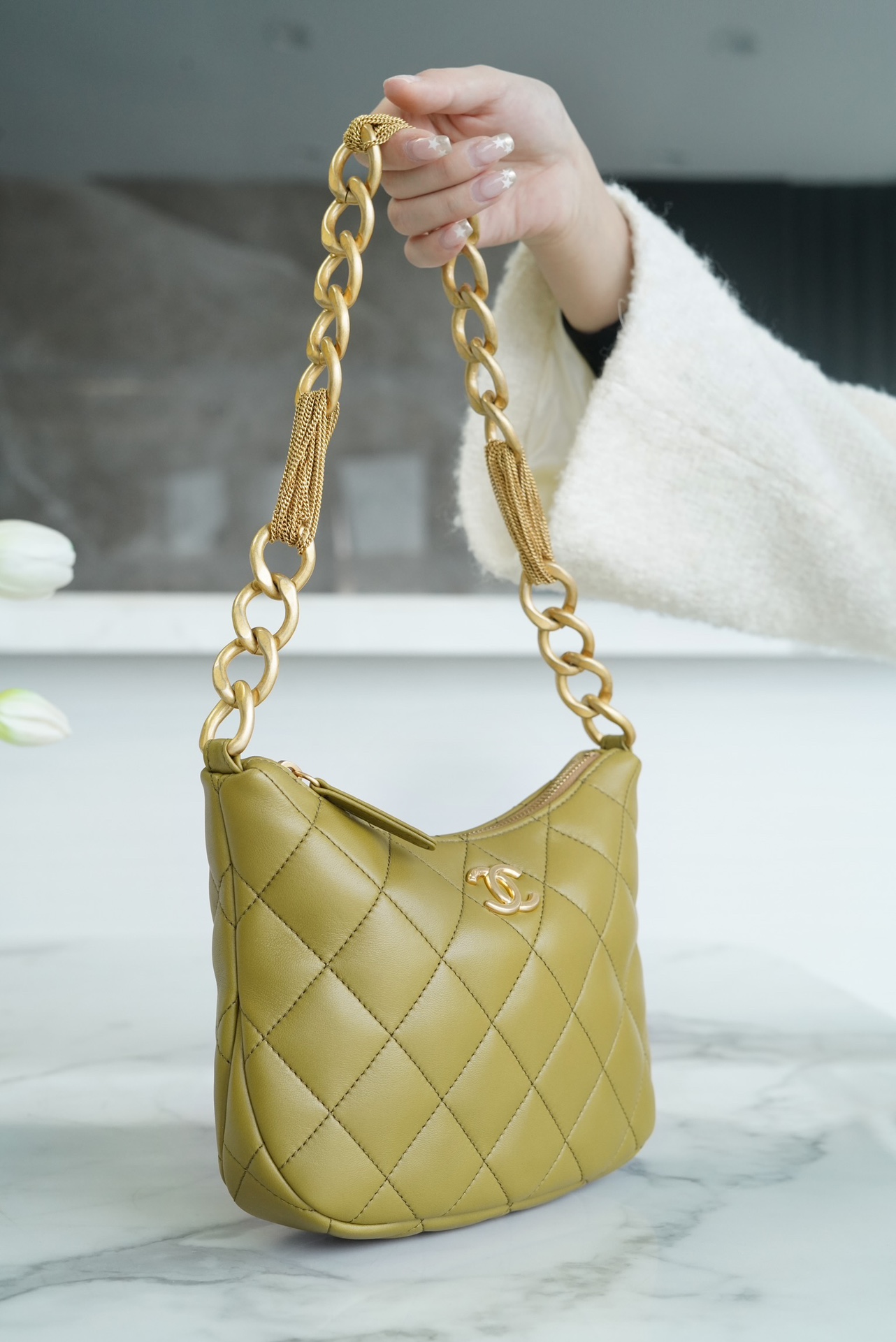 Chanel 23A Hobo Shoulder Bag, Mustard Green  