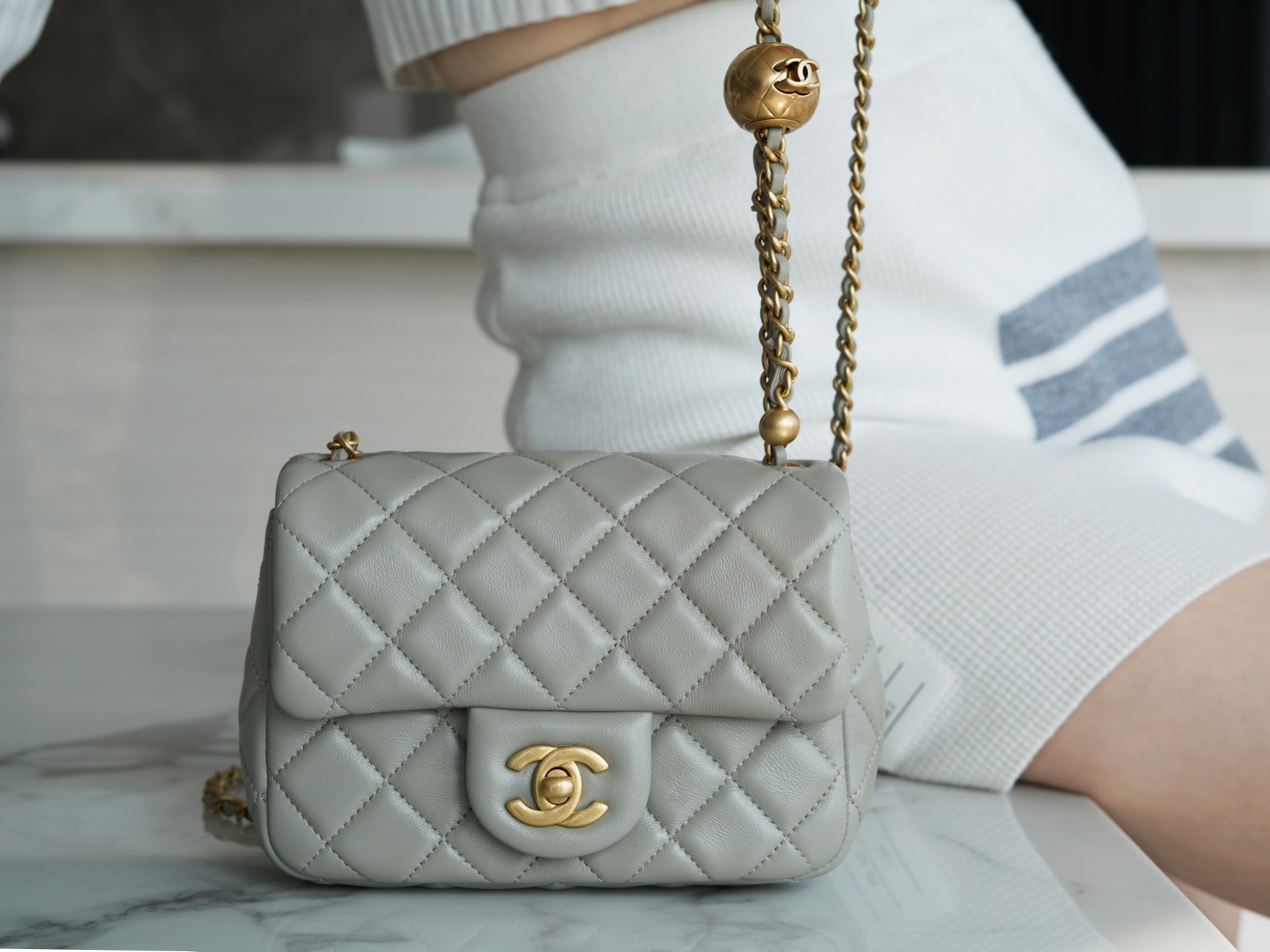 Chanel 22C Metallic Ball Square Flap Bag, Gray Green, Gold Ball  