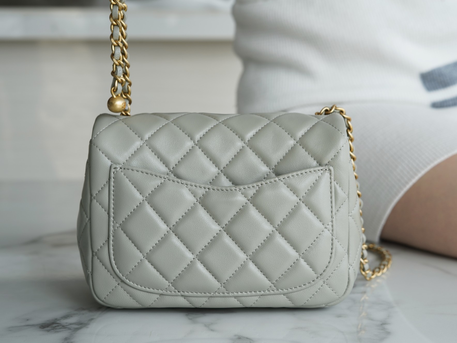 Chanel 22C Metallic Ball Square Flap Bag, Gray Green, Gold Ball  