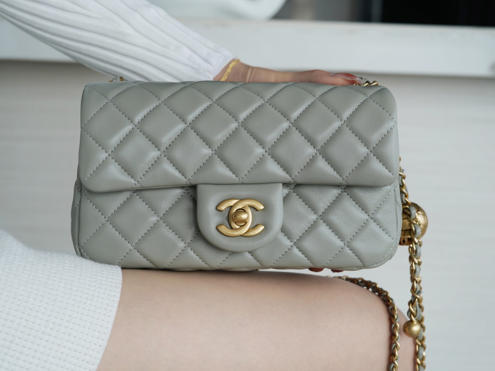 Chanel 22C Metallic Ball Large Mini, Gray Green  