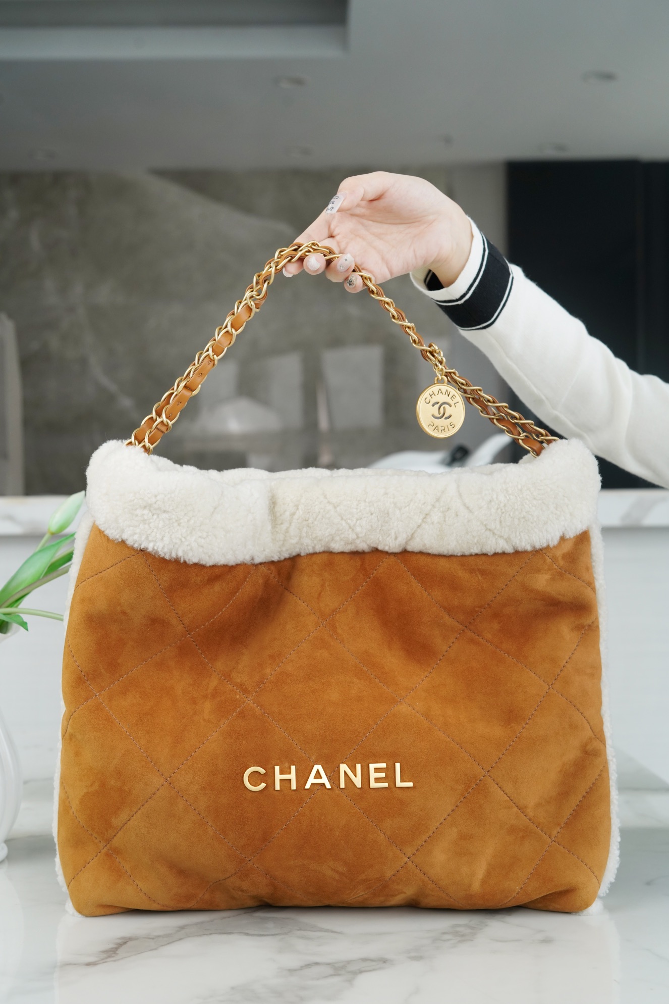 Chanel 23B Teddy Bear Bag, Caramel, Double-Sided Shearling Effect Lambskin  