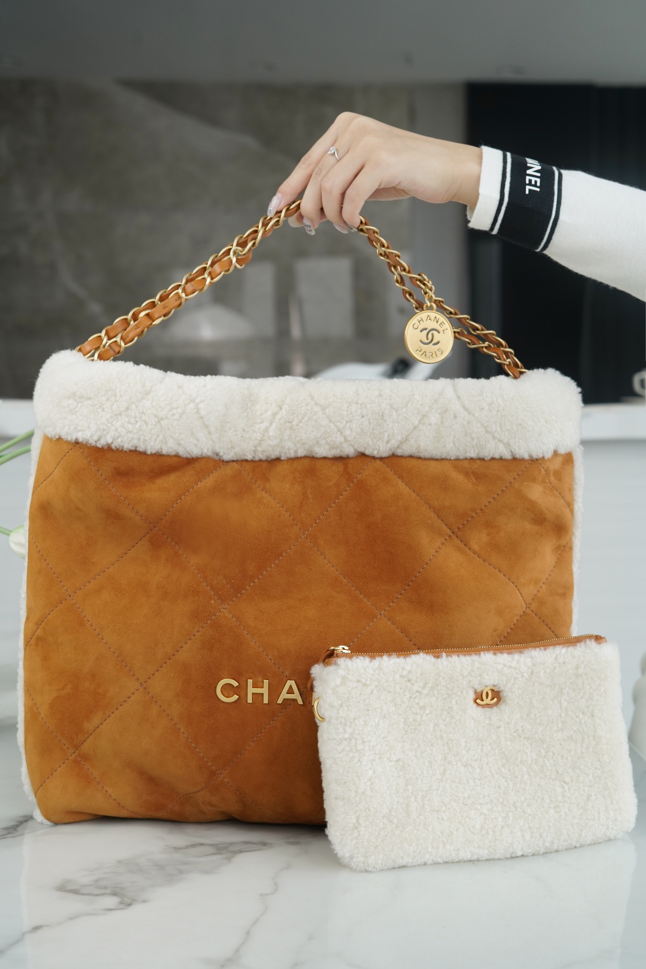 Chanel 23B Teddy Bear Bag, Caramel, Double-Sided Shearling Effect Lambskin  