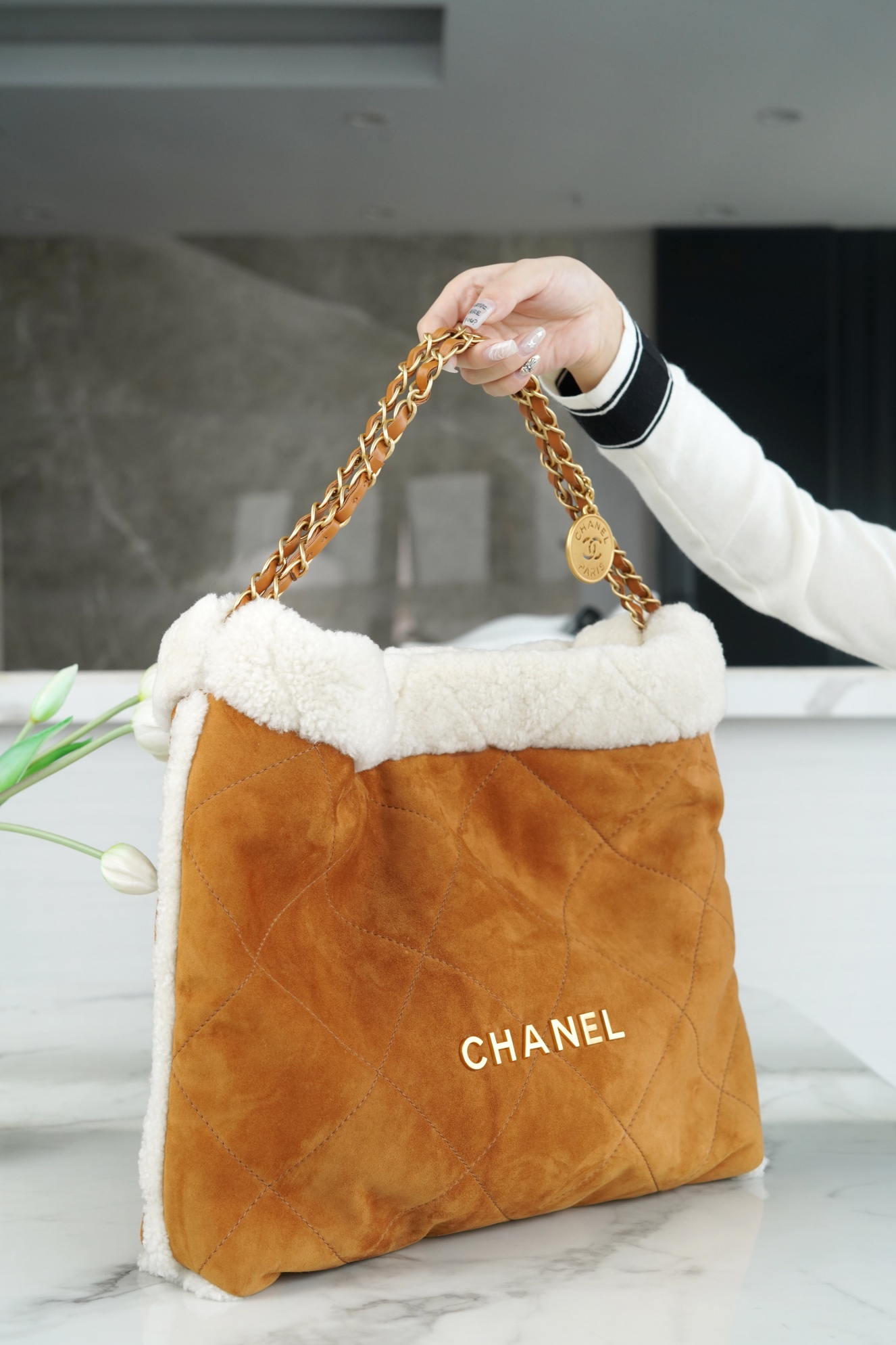 Chanel 23B Teddy Bear Bag, Caramel, Double-Sided Shearling Effect Lambskin  