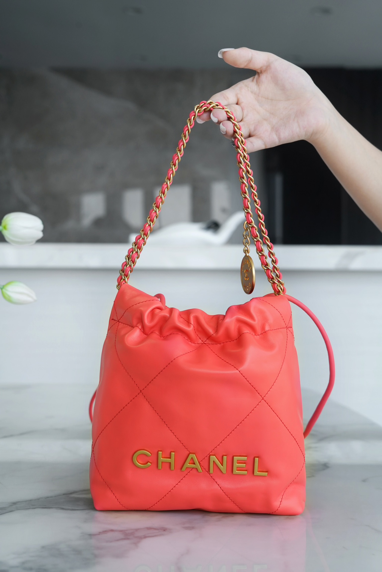 Chanel 23A Hobo Shoulder Bag, Orange Red, Calfskin  