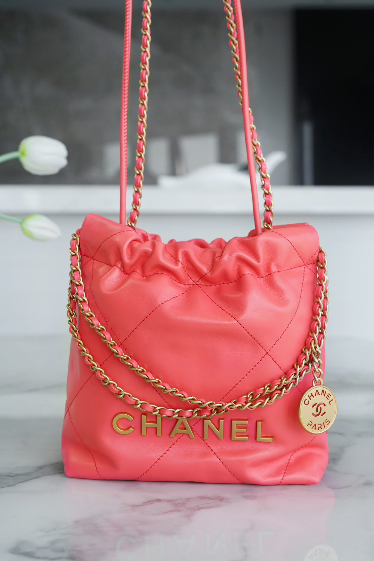 Chanel 23A Hobo Shoulder Bag, Orange Red, Calfskin  