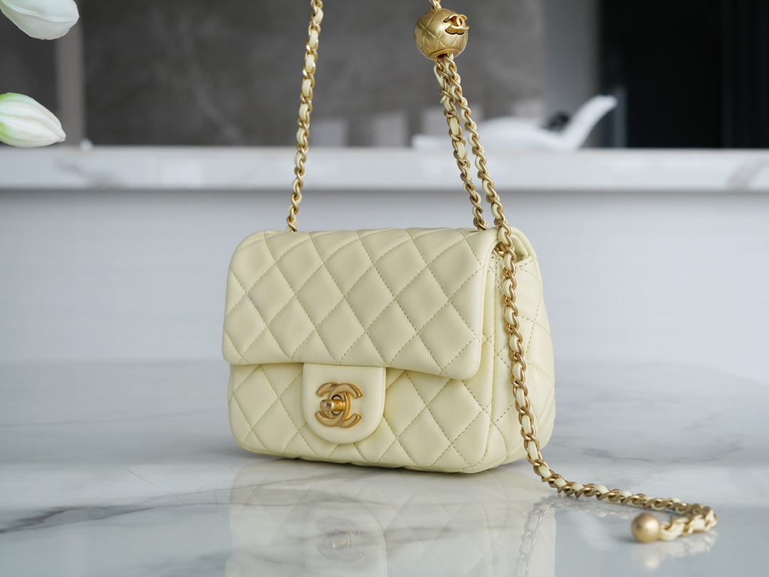 Chanel Metallic Ball CF Square Flap Bag, Small Chicken Yellow, Lambskin