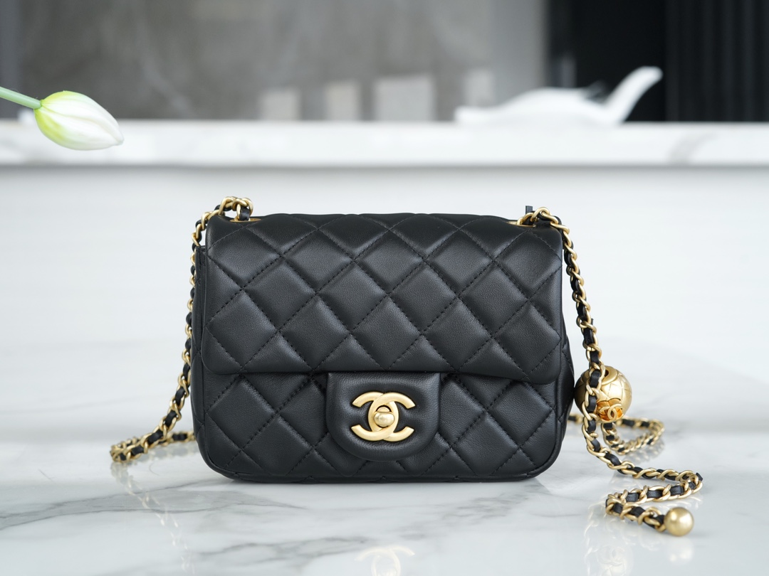 Chanel 23C Metallic Ball CF Square Flap Bag, Black, Lambskin  