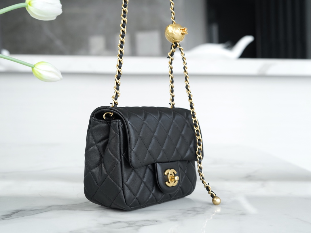 Chanel 23C Metallic Ball CF Square Flap Bag, Black, Lambskin  