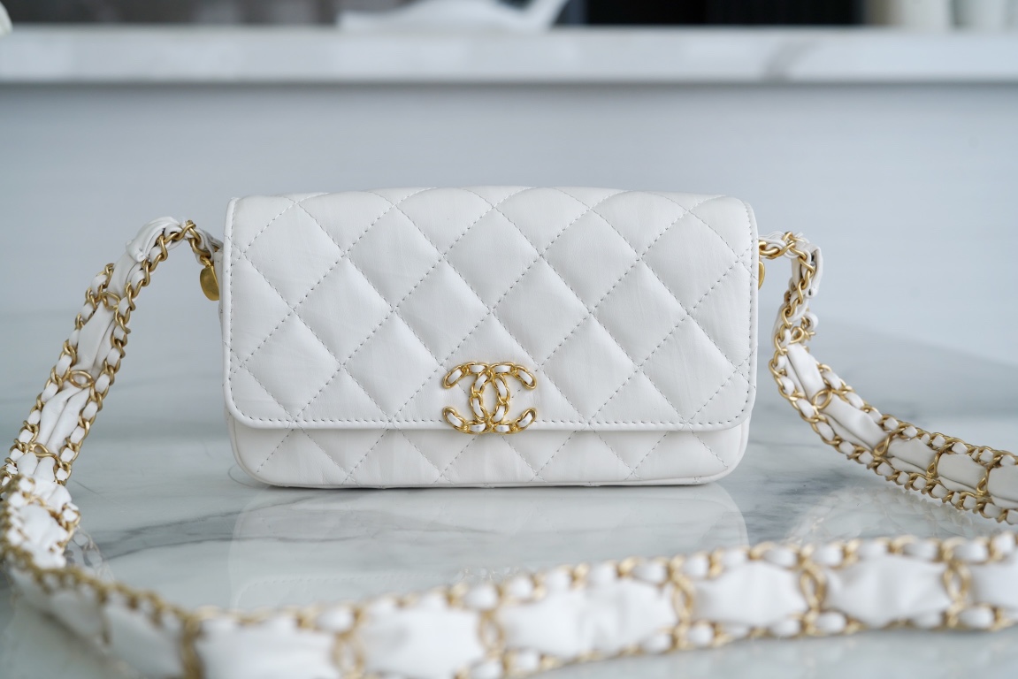 Chanel 23K Fall/Winter Series 19 Wide Strap Baguette Bag, White, Wide Strap Black Gold Crinkled Calfskin  