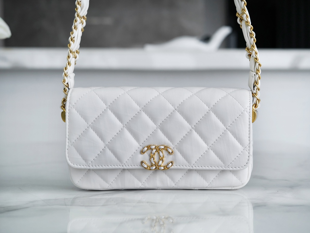 Chanel 23K Fall/Winter Series 19 Wide Strap Baguette Bag, White, Wide Strap Black Gold Crinkled Calfskin  