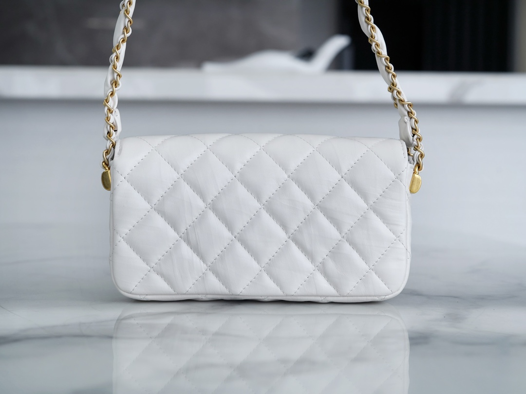 Chanel 23K Fall/Winter Series 19 Wide Strap Baguette Bag, White, Wide Strap Black Gold Crinkled Calfskin  