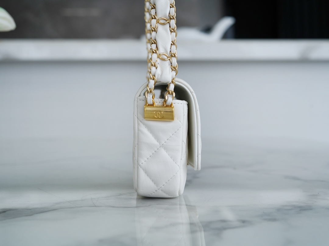 Chanel 23K Fall/Winter Series 19 Wide Strap Baguette Bag, White, Wide Strap Black Gold Crinkled Calfskin  