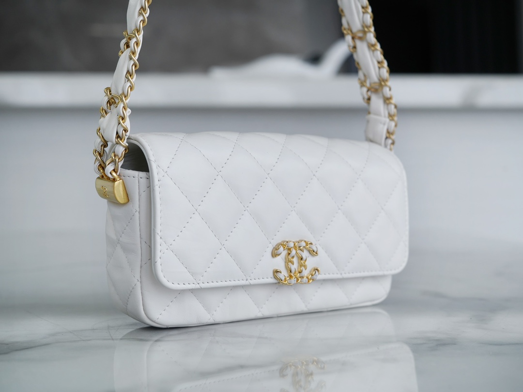 Chanel 23K Fall/Winter Series 19 Wide Strap Baguette Bag, White, Wide Strap Black Gold Crinkled Calfskin  