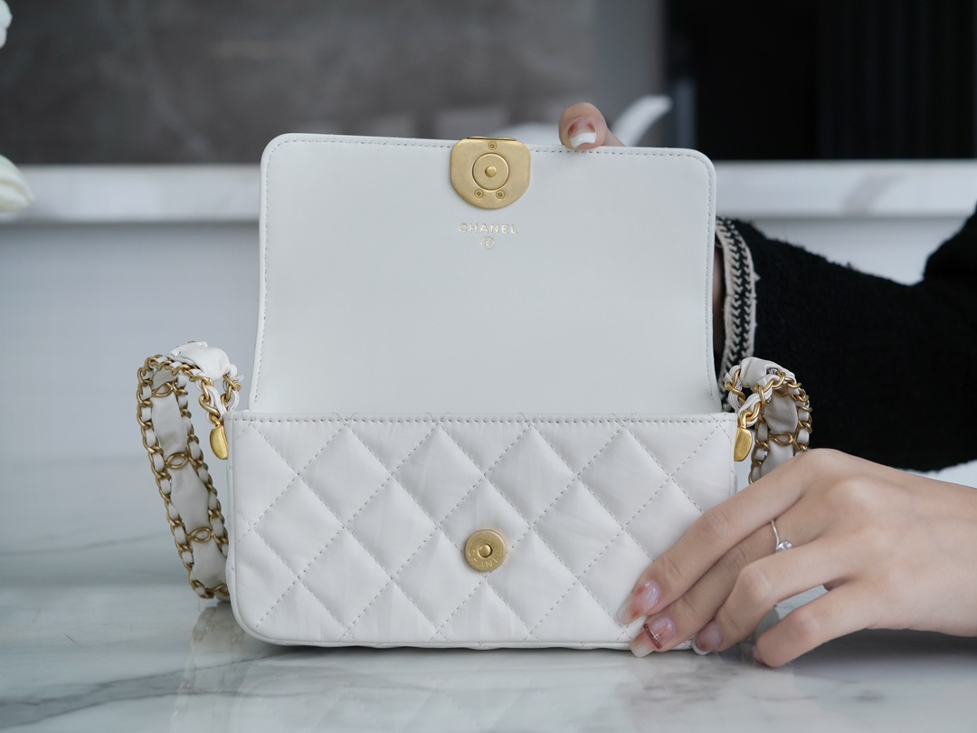 Chanel 23K Fall/Winter Series 19 Wide Strap Baguette Bag, White, Wide Strap Black Gold Crinkled Calfskin  