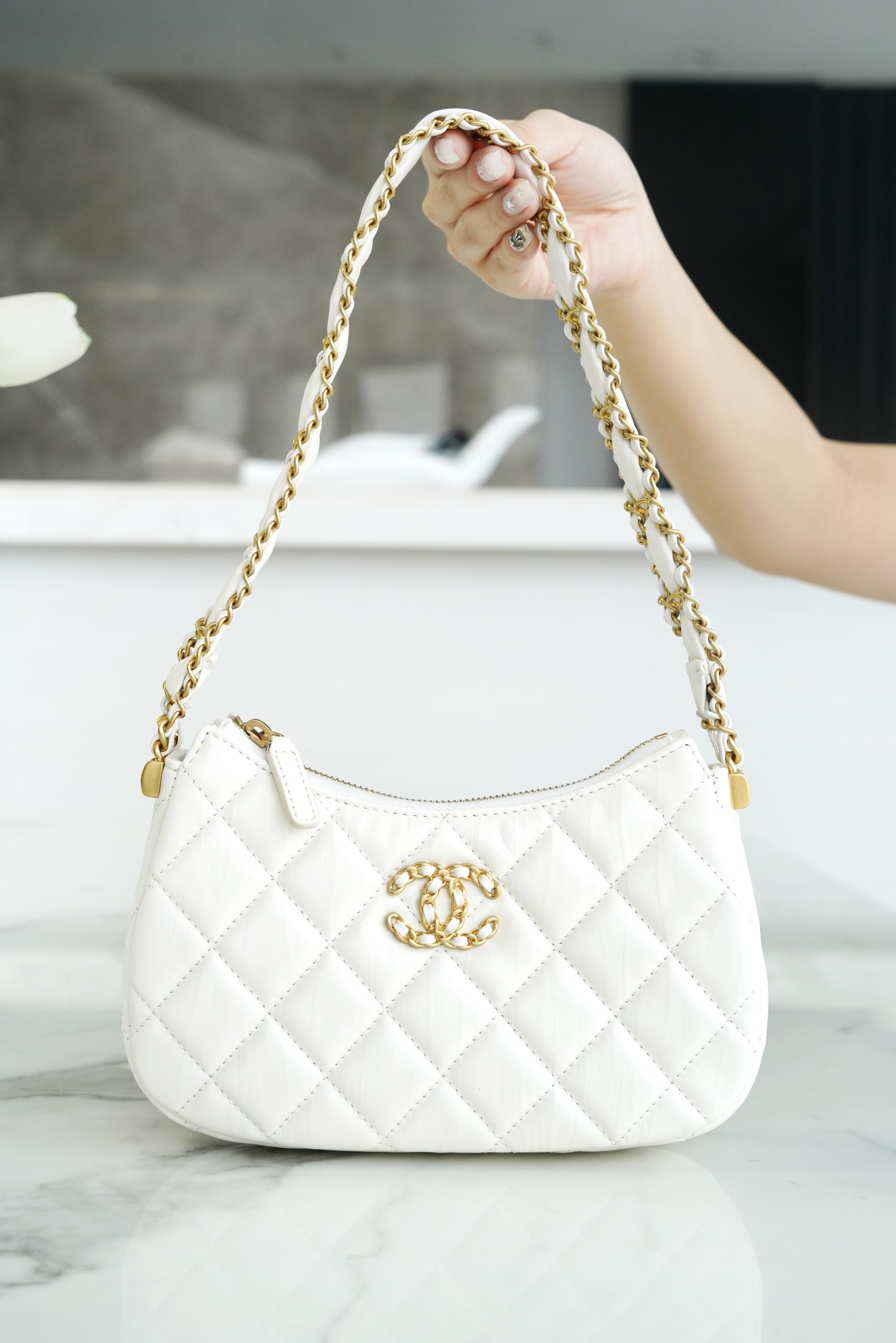 Chanel 23K 19 Hobo Bag, Small, White, Vintage Crinkled Calfskin  