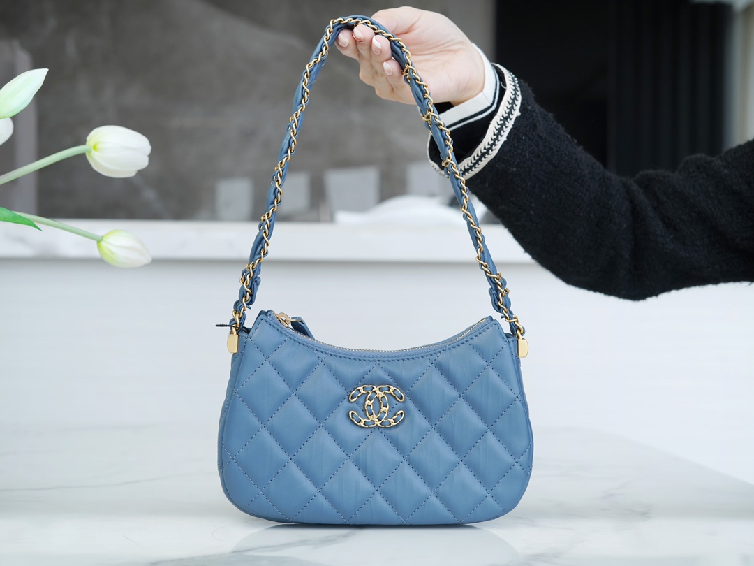 Chanel 23K 19 Hobo Bag, Small, Mist Blue, Vintage Crinkled Calfskin  