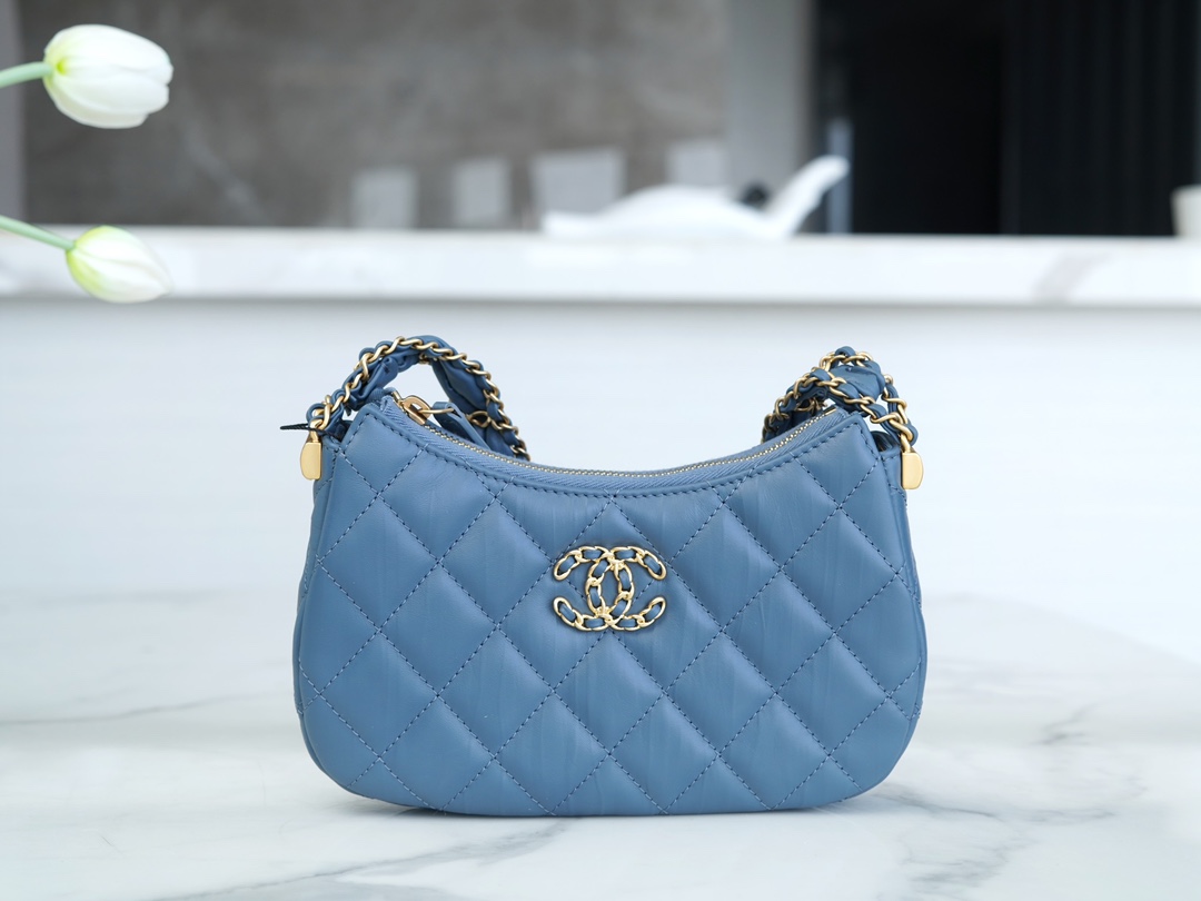 Chanel 23K 19 Hobo Bag, Small, Mist Blue, Vintage Crinkled Calfskin  