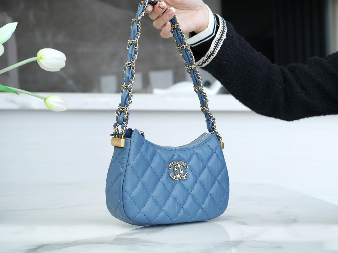 Chanel 23K 19 Hobo Bag, Small, Mist Blue, Vintage Crinkled Calfskin  