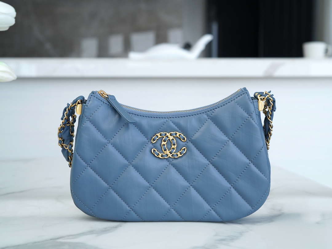 Chanel 23K 19 Hobo Bag, Large, Mist Blue, Vintage Crinkled Calfskin  