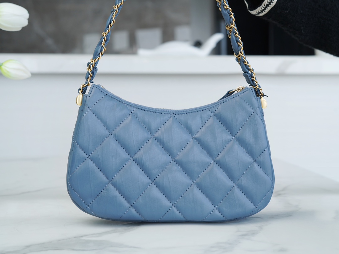 Chanel 23K 19 Hobo Bag, Large, Mist Blue, Vintage Crinkled Calfskin  