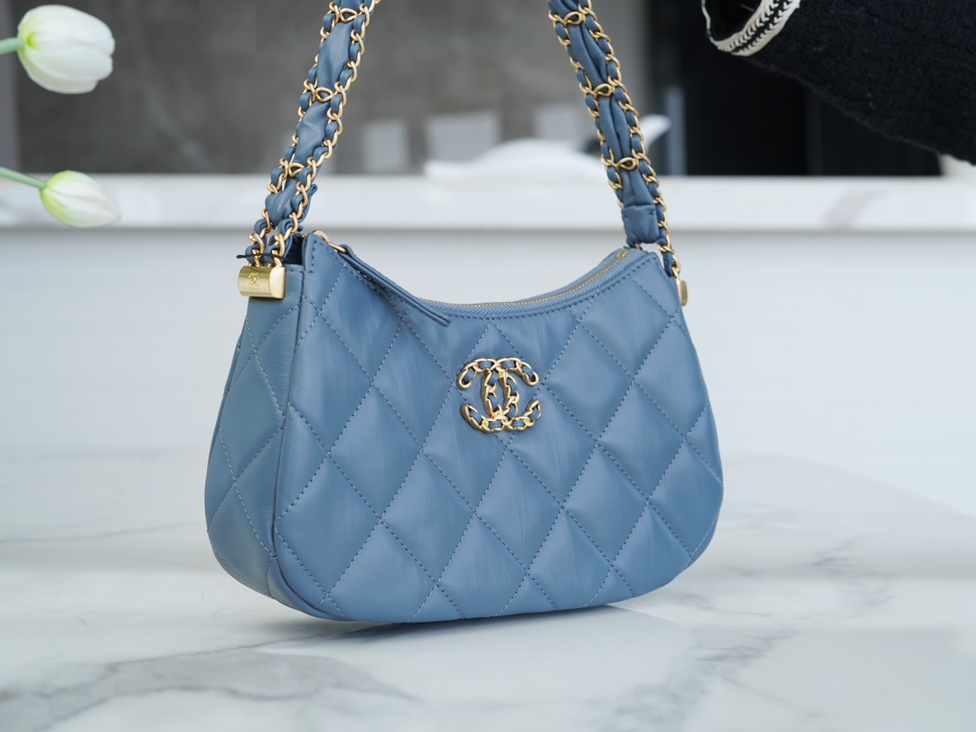 Chanel 23K 19 Hobo Bag, Large, Mist Blue, Vintage Crinkled Calfskin  