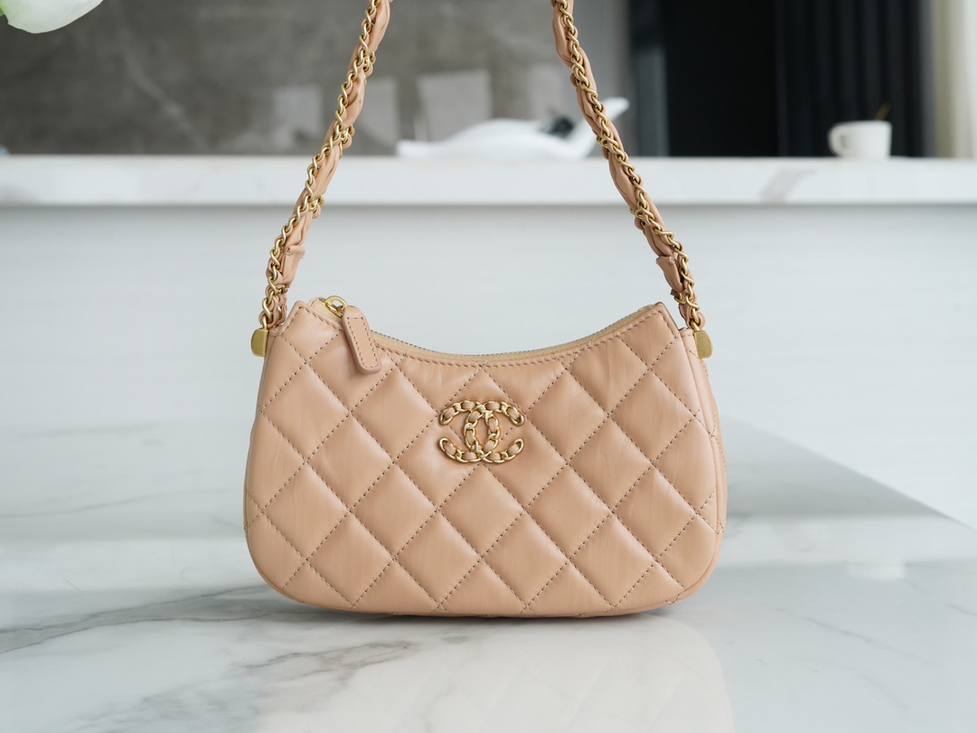 Chanel 23K 19 Hobo Bag, Small, Milk Tea Apricot, Vintage Crinkled Calfskin  