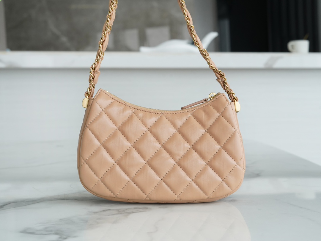 Chanel 23K 19 Hobo Bag, Small, Milk Tea Apricot, Vintage Crinkled Calfskin  