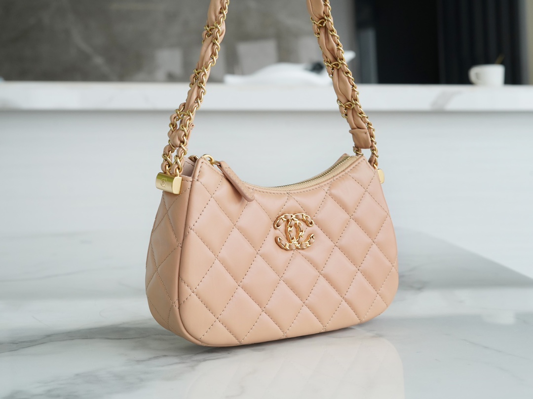 Chanel 23K 19 Hobo Bag, Small, Milk Tea Apricot, Vintage Crinkled Calfskin  