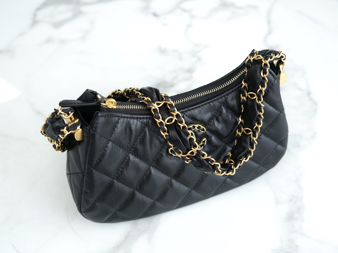 Chanel 23K 19 Hobo Bag, Small, Black, Vintage Crinkled Calfskin  