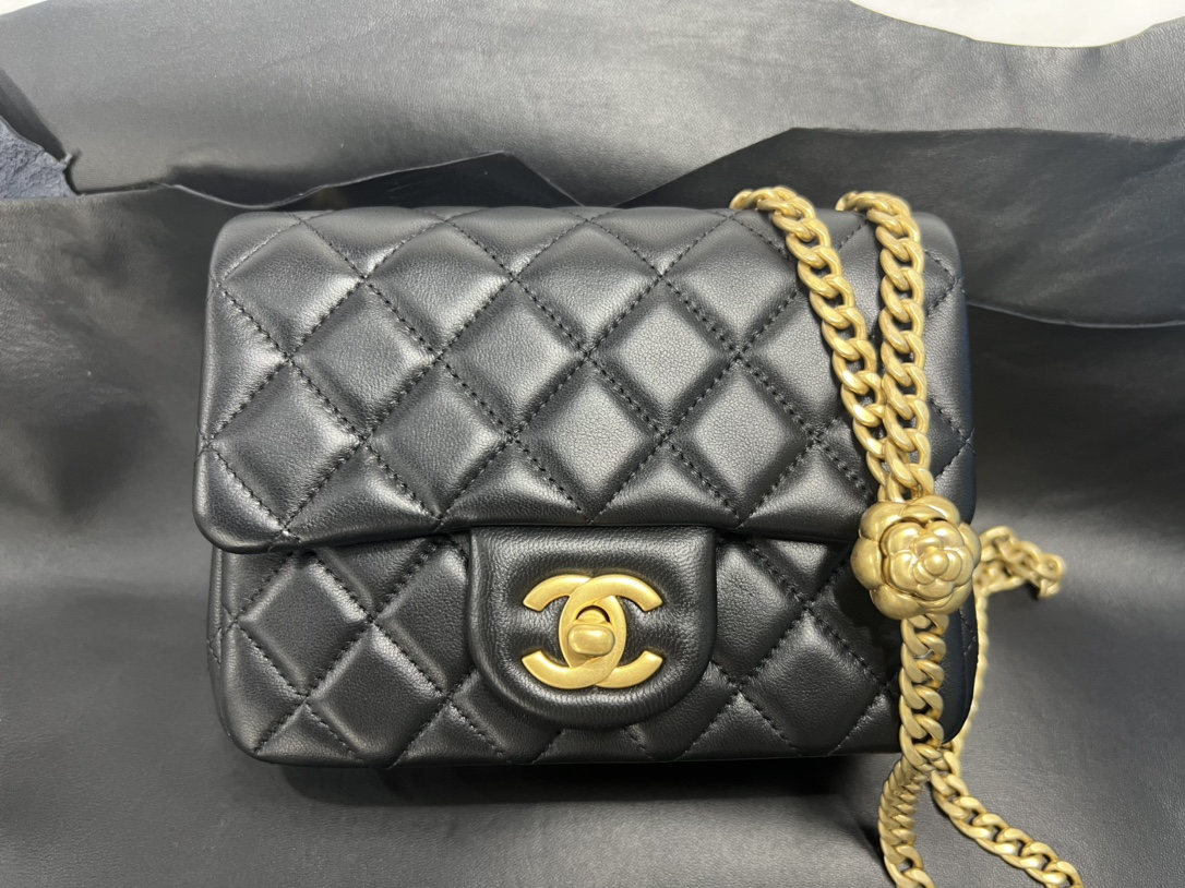 Chanel 23S Camellia Adjustable CF Large Mini, Black and Gold, Lambskin  