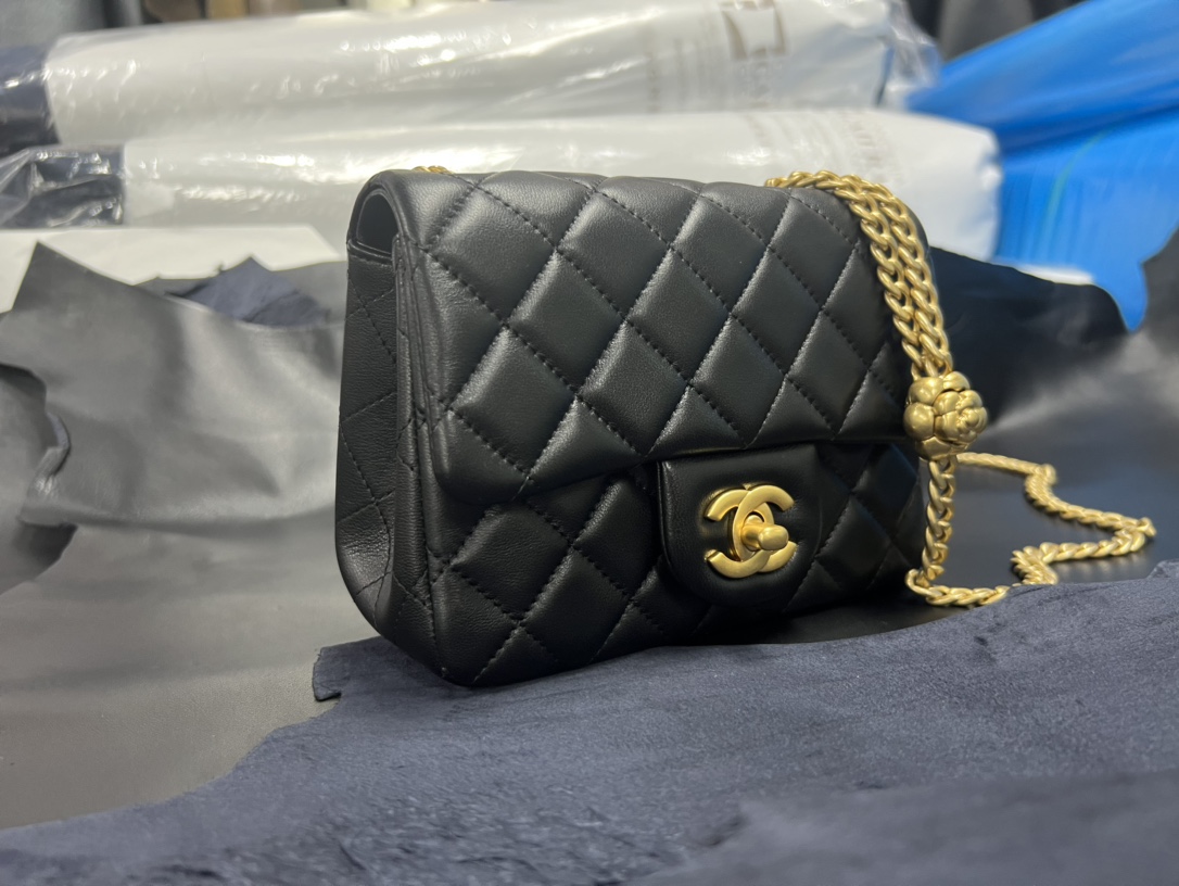 Chanel 23S Camellia Adjustable CF Large Mini, Black and Gold, Lambskin  