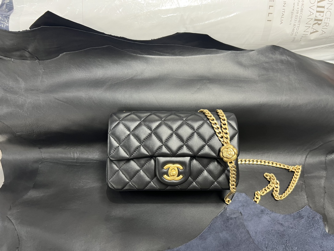 Chanel 23S Camellia Adjustable CF Large Mini, Black and Gold, Lambskin