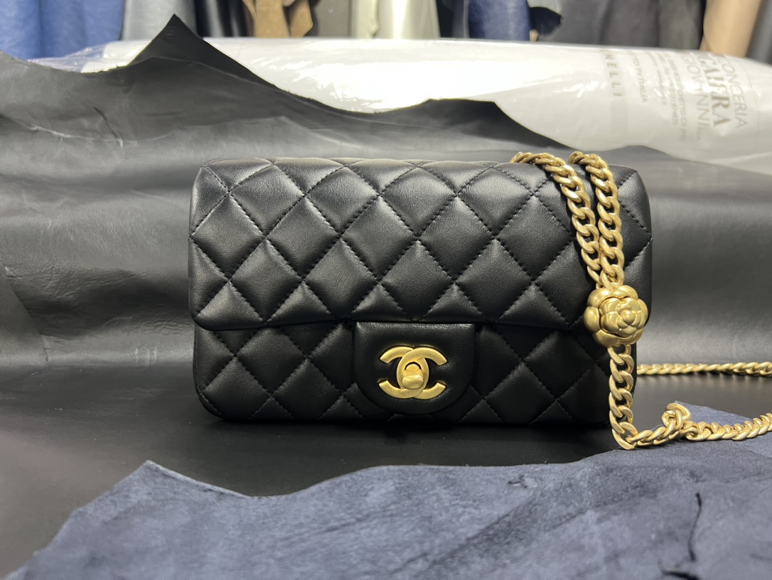 Chanel 23S Camellia Adjustable CF Large Mini, Black and Gold, Lambskin