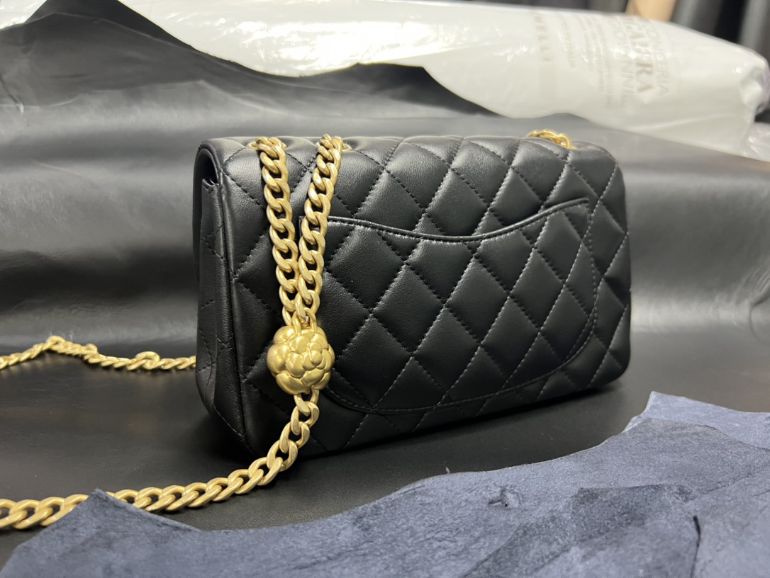 Chanel 23S Camellia Adjustable CF Large Mini, Black and Gold, Lambskin